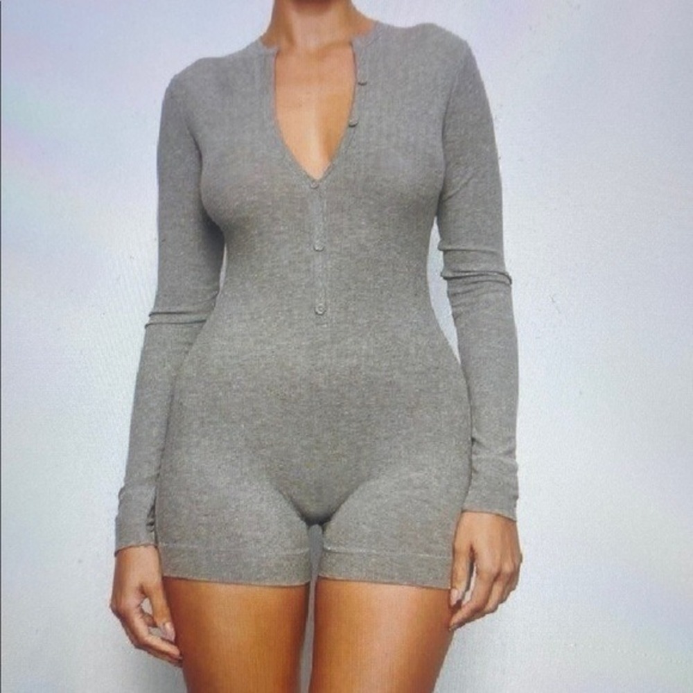 SKIMS Soft Lounge Ribbed Stretch-modal Jersey Playsuit Heather Grey XL Romper
